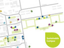 Infografik: Eine Karte des nachhaltigen Campus der Universität Hohenheim zeigt verschiedene Einrichtungen wie Fahrradreparaturstationen, Mensa, Bibliotheken und Recyclingpunkte. Symbole markieren Standorte für Essen, Trinken, Recycling und Unterstützung.