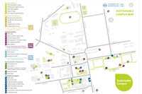 Infografik: Eine Karte des nachhaltigen Campus der Universität Hohenheim zeigt verschiedene Einrichtungen wie Fahrradreparaturstationen, Mensa, Bibliotheken und Recyclingpunkte. Symbole markieren Standorte für Essen, Trinken, Recycling und Unterstützung.