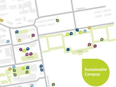 Infografik: Eine Karte des nachhaltigen Campus der Universität Hohenheim zeigt verschiedene Einrichtungen wie Fahrradreparaturstationen, Mensa, Bibliotheken und Recyclingpunkte. Symbole markieren Standorte für Essen, Trinken, Recycling und Unterstützung.