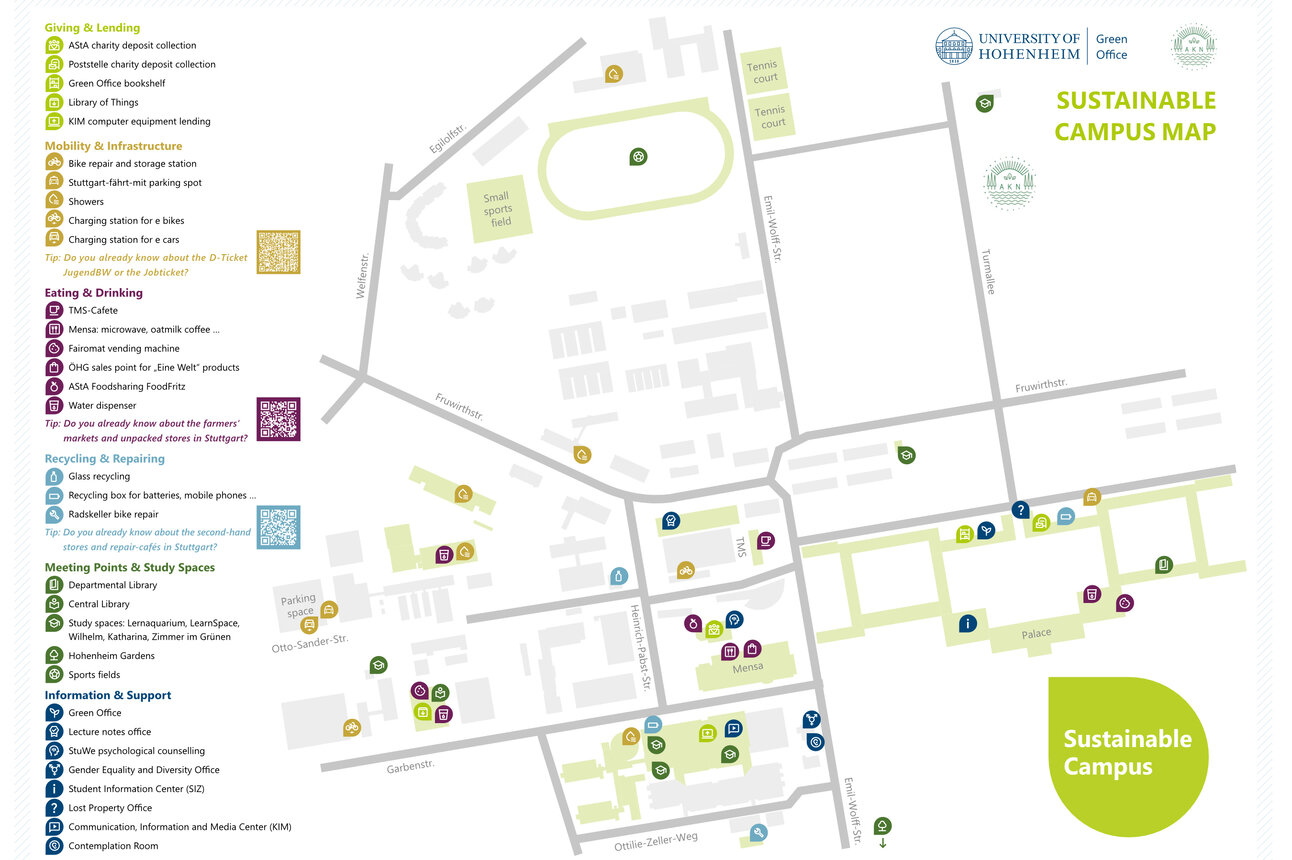 Infografik: Eine Karte des nachhaltigen Campus der Universität Hohenheim zeigt verschiedene Einrichtungen wie Fahrradreparaturstationen, Mensa, Bibliotheken und Recyclingpunkte. Symbole markieren Standorte für Essen, Trinken, Recycling und Unterstützung.
