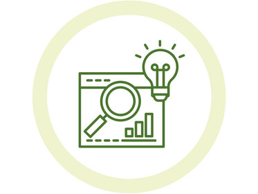 Illustration: Ein grünes Symbol zeigt eine Lupe, ein Diagramm und eine Glühbirne auf einem Bildschirm. Es symbolisiert Forschung und Innovation.