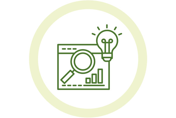 Illustration: Ein grünes Symbol zeigt eine Lupe, ein Diagramm und eine Glühbirne auf einem Bildschirm. Es symbolisiert Forschung und Innovation.