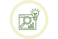Illustration: Ein grünes Symbol zeigt eine Lupe, ein Diagramm und eine Glühbirne auf einem Bildschirm. Es symbolisiert Forschung und Innovation.