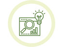 Illustration: Ein grünes Symbol zeigt eine Lupe, ein Diagramm und eine Glühbirne auf einem Bildschirm. Es symbolisiert Forschung und Innovation.