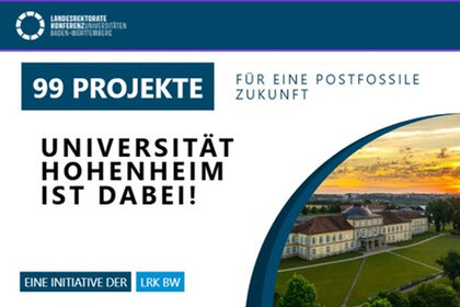 Infografik: Die Universität Hohenheim beteiligt sich an der Initiative '99 Projekte für eine postfossile Zukunft' der Landesrektorenkonferenz Baden-Württemberg. Ein Bild von Schloss Hohenheim ist enthalten.