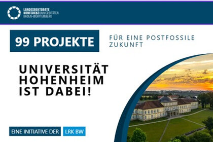 Infografik: Die Universität Hohenheim beteiligt sich an der Initiative '99 Projekte für eine postfossile Zukunft' der Landesrektorenkonferenz Baden-Württemberg. Ein Bild von Schloss Hohenheim ist enthalten.
