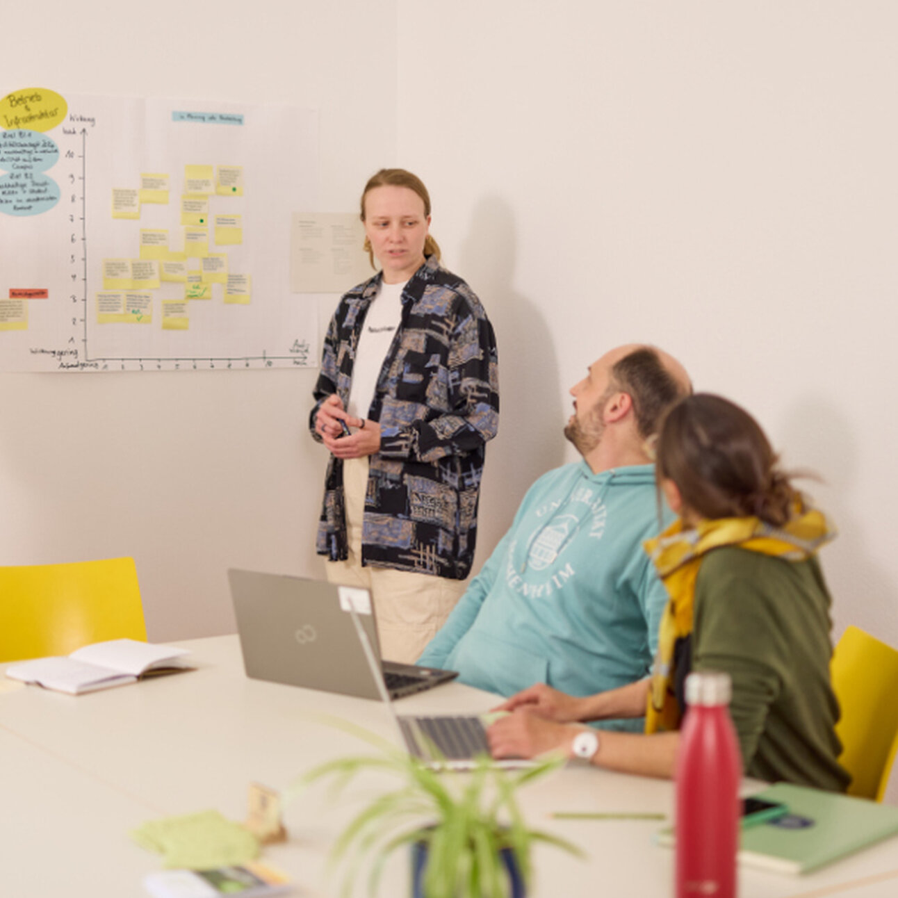 Foto: Vier Personen in einem Büro bei einem Meeting. Eine Person steht vor einem Whiteboard mit Notizen und spricht zu den anderen, die an einem Tisch mit Laptops und Notizbüchern sitzen.