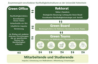 Infografik: Darstellung der Nachhaltigkeitsstrukturen an der Universität Hohenheim. Enthält Green Office, Rektorat, Green Board und Green Teams mit ihren jeweiligen Funktionen und Verbindungen.