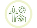 Illustration: Ein grünes Symbol zeigt ein Windrad, ein Zahnrad und ein Gewächshaus mit Blättern, die Nachhaltigkeit und erneuerbare Energien darstellen.