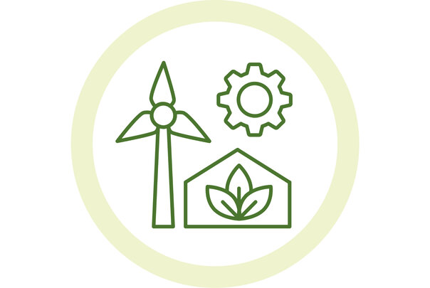 Illustration: Ein grünes Symbol zeigt ein Windrad, ein Zahnrad und ein Gewächshaus mit Blättern, die Nachhaltigkeit und erneuerbare Energien darstellen.