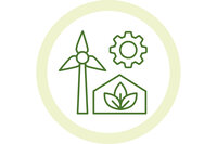 Illustration: Ein grünes Symbol zeigt ein Windrad, ein Zahnrad und ein Gewächshaus mit Blättern, die Nachhaltigkeit und erneuerbare Energien darstellen.