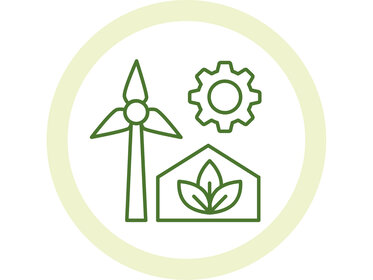 Illustration: Ein grünes Symbol zeigt ein Windrad, ein Zahnrad und ein Gewächshaus mit Blättern, die Nachhaltigkeit und erneuerbare Energien darstellen.