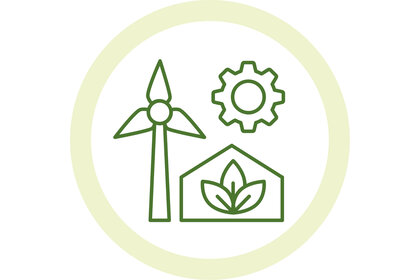 Illustration: Ein grünes Symbol zeigt ein Windrad, ein Zahnrad und ein Gewächshaus mit Blättern, die Nachhaltigkeit und erneuerbare Energien darstellen.