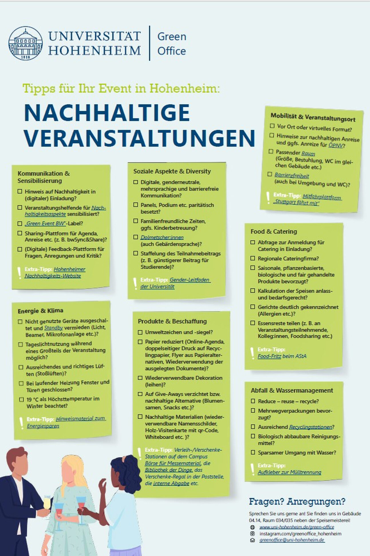 Infografik: Tipps für nachhaltige Veranstaltungen an der Universität Hohenheim. Themen umfassen Kommunikation, Mobilität, soziale Aspekte, Energie, Produkte und Abfallmanagement.