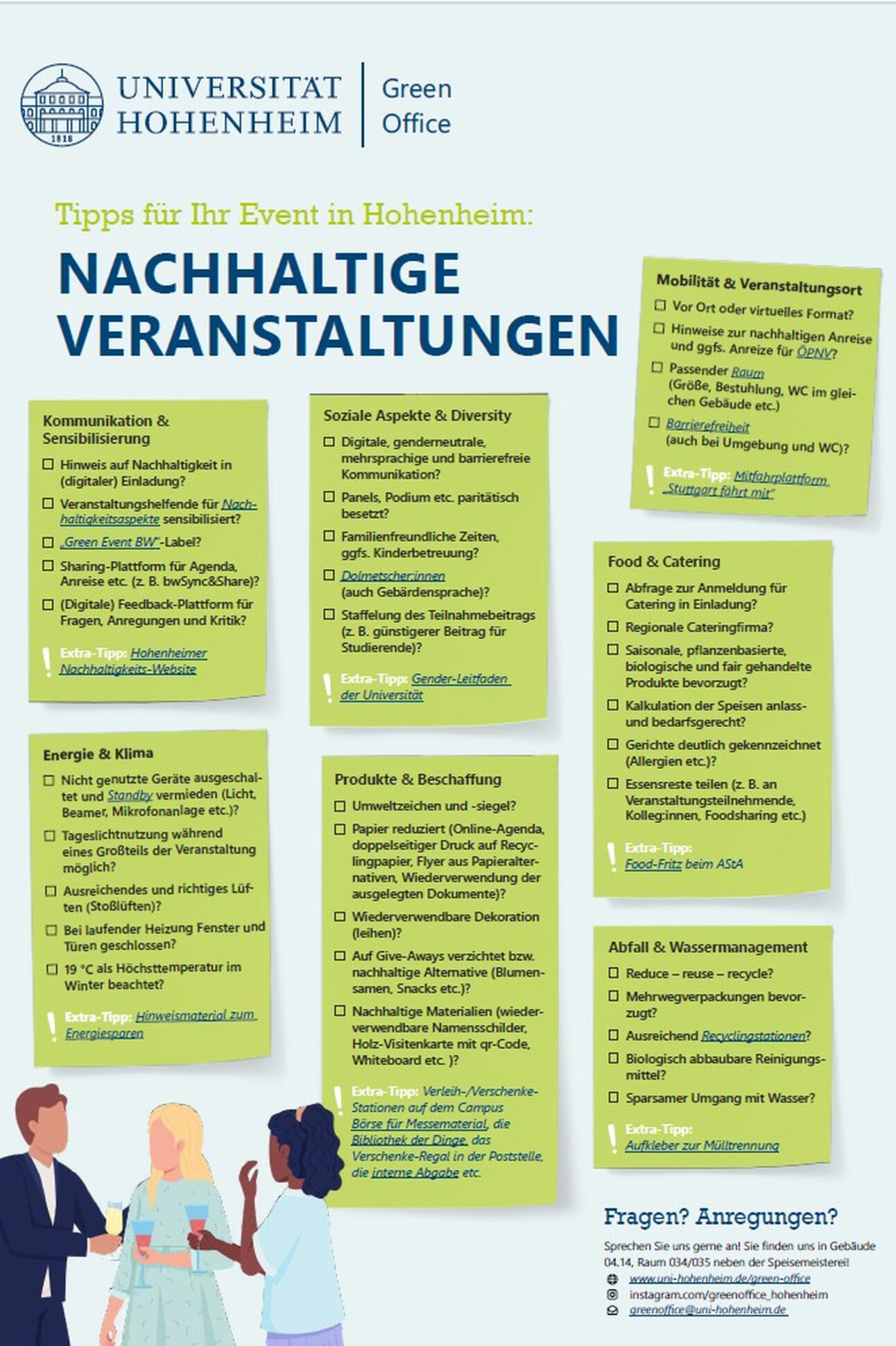 Infografik: Tipps für nachhaltige Veranstaltungen an der Universität Hohenheim. Themen umfassen Kommunikation, Mobilität, soziale Aspekte, Energie, Produkte und Abfallmanagement.
