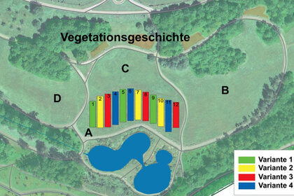 Infografik: Eine Karte zeigt verschiedene Vegetationsvarianten in einem Landschaftsbereich. Die Legende unten rechts erklärt die Farben: Grün für Variante 1, Gelb für Variante 2, Rot für Variante 3 und Blau für Variante 4.