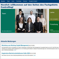 Screenshot: Webseite des Fachgebiets Controlling mit Teamfoto und Informationen zu Lehre und Forschung. Aktuelle Meldungen zu Workshops und Bachelorarbeitsthemen sind sichtbar.