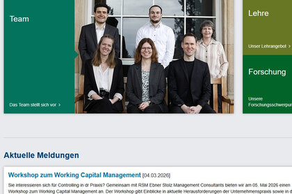 Screenshot: Webseite des Fachgebiets Controlling mit Teamfoto und Informationen zu Lehre und Forschung. Aktuelle Meldungen zu Workshops und Bachelorarbeitsthemen sind sichtbar.