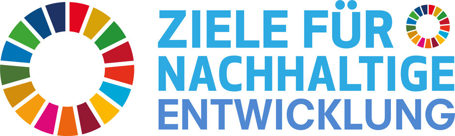 Illustration: Ein buntes Kreisdiagramm begleitet den Text 'ZIELE FÜR NACHHALTIGE ENTWICKLUNG'. Das Diagramm besteht aus verschiedenfarbigen Segmenten, die die 17 Ziele der nachhaltigen Entwicklung symbolisieren.