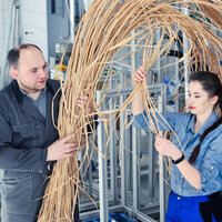 Foto: Zwei Personen in einem Labor halten Bündel von Pflanzenmaterial. Im Hintergrund sind technische Geräte und Strukturen sichtbar. Die Personen tragen Arbeitskleidung.