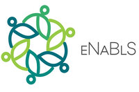 Illustration: Ein stilisiertes Logo mit grünen und blauen Elementen, die miteinander verbunden sind, neben dem Text 'eNaBLS'.