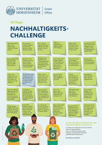 Infografik: Die Universität Hohenheim präsentiert eine 30-tägige Nachhaltigkeits-Challenge mit verschiedenen Aufgaben wie Fahrradfahren, vegetarische Menüs wählen und Recycling. Die Infografik enthält viele Tipps zur Förderung nachhaltiger Praktiken im Alltag.