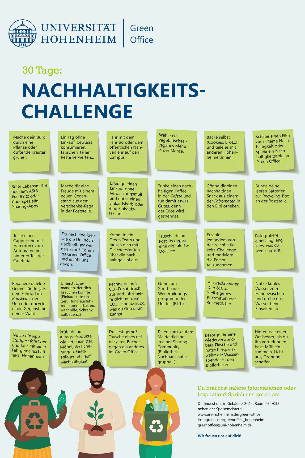 Infografik: Die Universität Hohenheim präsentiert eine 30-tägige Nachhaltigkeits-Challenge mit verschiedenen Aufgaben wie Fahrradfahren, vegetarische Menüs wählen und Recycling. Die Infografik enthält viele Tipps zur Förderung nachhaltiger Praktiken im Alltag.