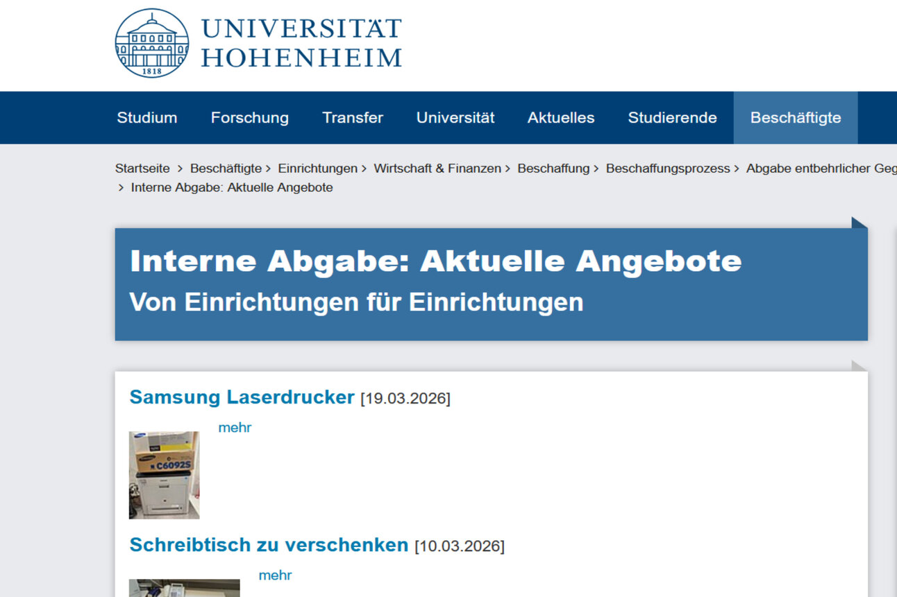 Screenshot: Webseite der Universität Hohenheim zeigt die Website der Internen Abgabe